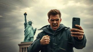 Mladý muž s mobilním telefonem v ruce stojí před Sochou Svobody.