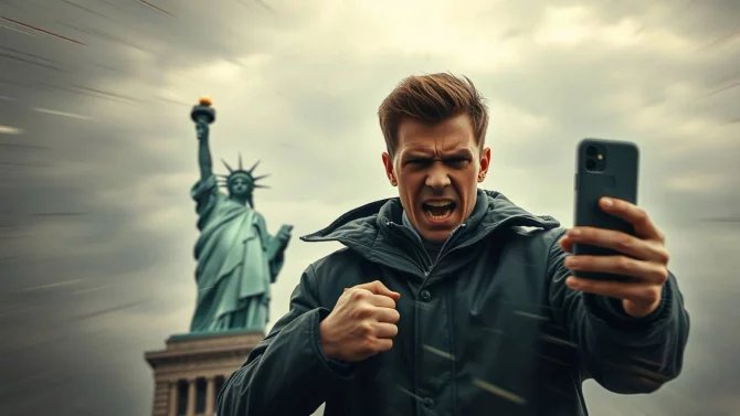 15.1.25 (1x) Mladý muž, Američan, svoboda, socha svobody, mobil