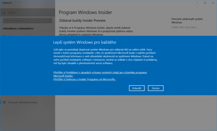 Potvrďte, že jste si vědomi specifik programu Windows Insider