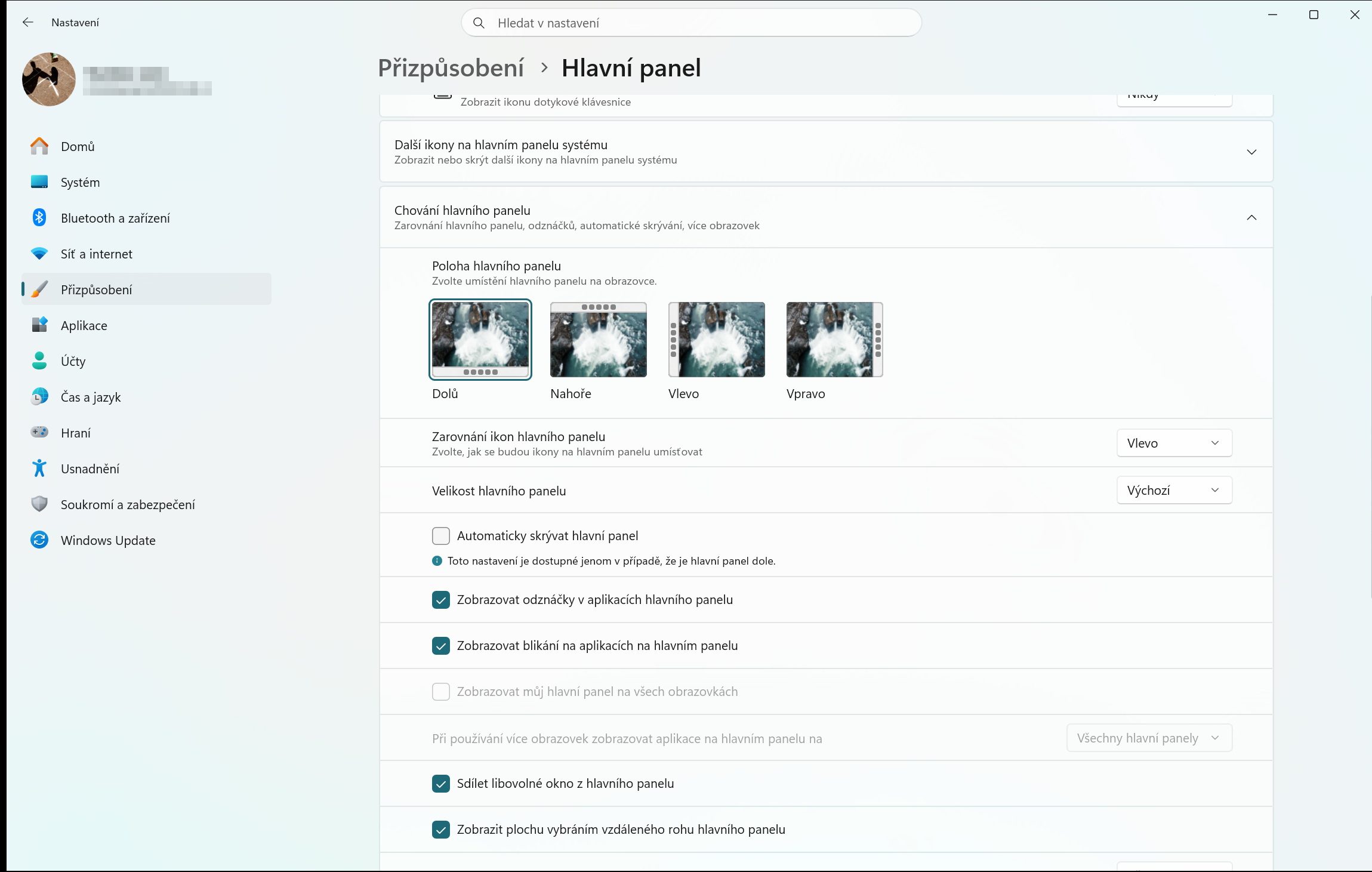 Nové přizpůsobení hlavního panelu.