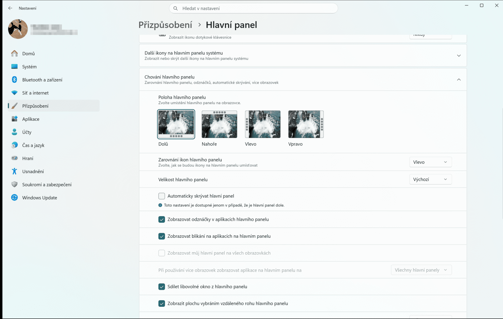 Nové přizpůsobení hlavního panelu.