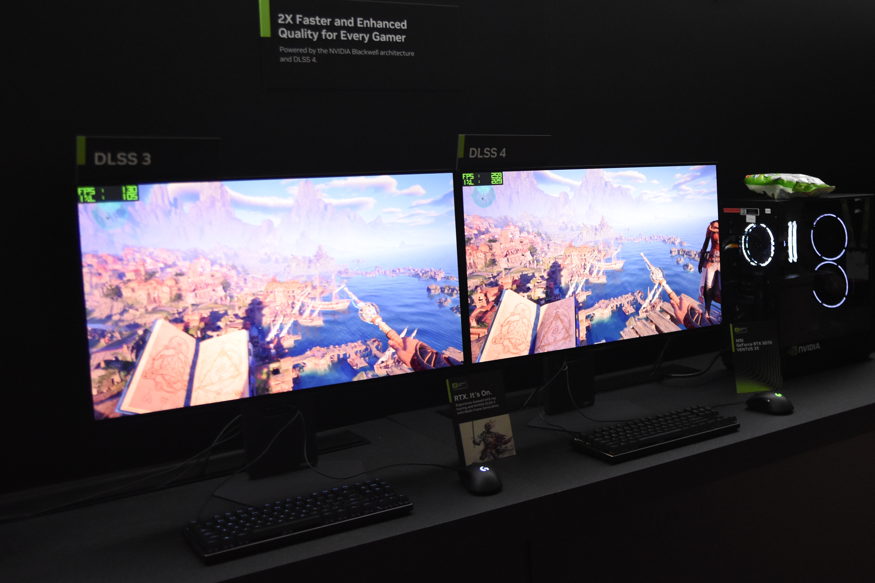 Computex 2025: Demo DLSS 4 ve hře Awoved, spin-offu ceněných RPG Pillars of Eternity. Nvidia ukazuje nárůst snímkové frekvence díky vícenásobnému generování snímků, což je novinka exkluzivně podporovaná na GeForce RTX 5000