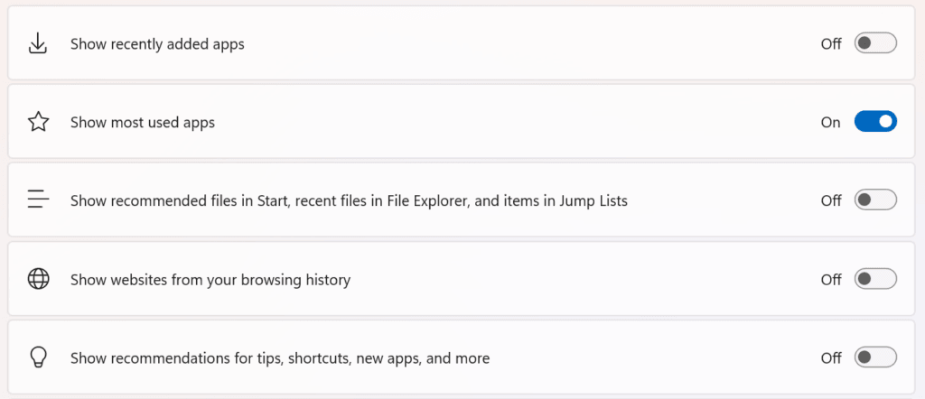 Nastavení nabídky Start