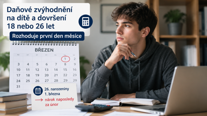 Student s kalendářem symbolizujícím dovršení věku 18/26 let první den v měsíci.