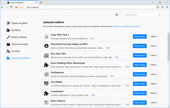 Mozilla vám přímo doporučí náhradu za starší a dnes již nefungující doplněk