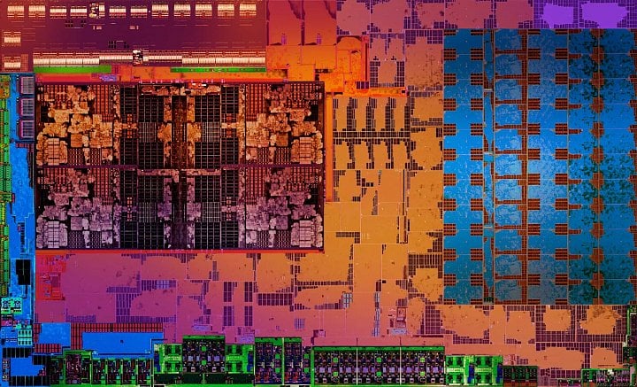 Snímek čipu Raven Ridge od AMD. Obdélník vlevo je CCX CPU, nad ním paměťový řadič, pod ním zřejmě multimediální blok. GPU Vega jsou modré bloky vpravo