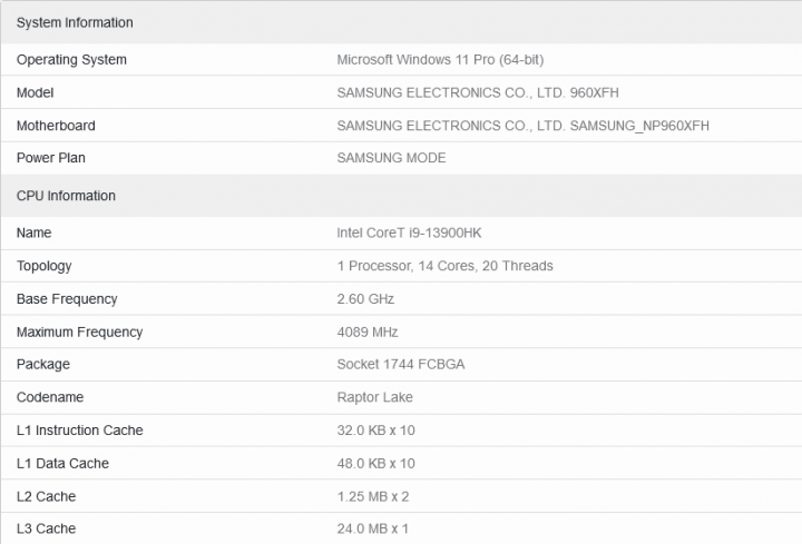 Intel Core i9 13900HK v databázi Geekbench