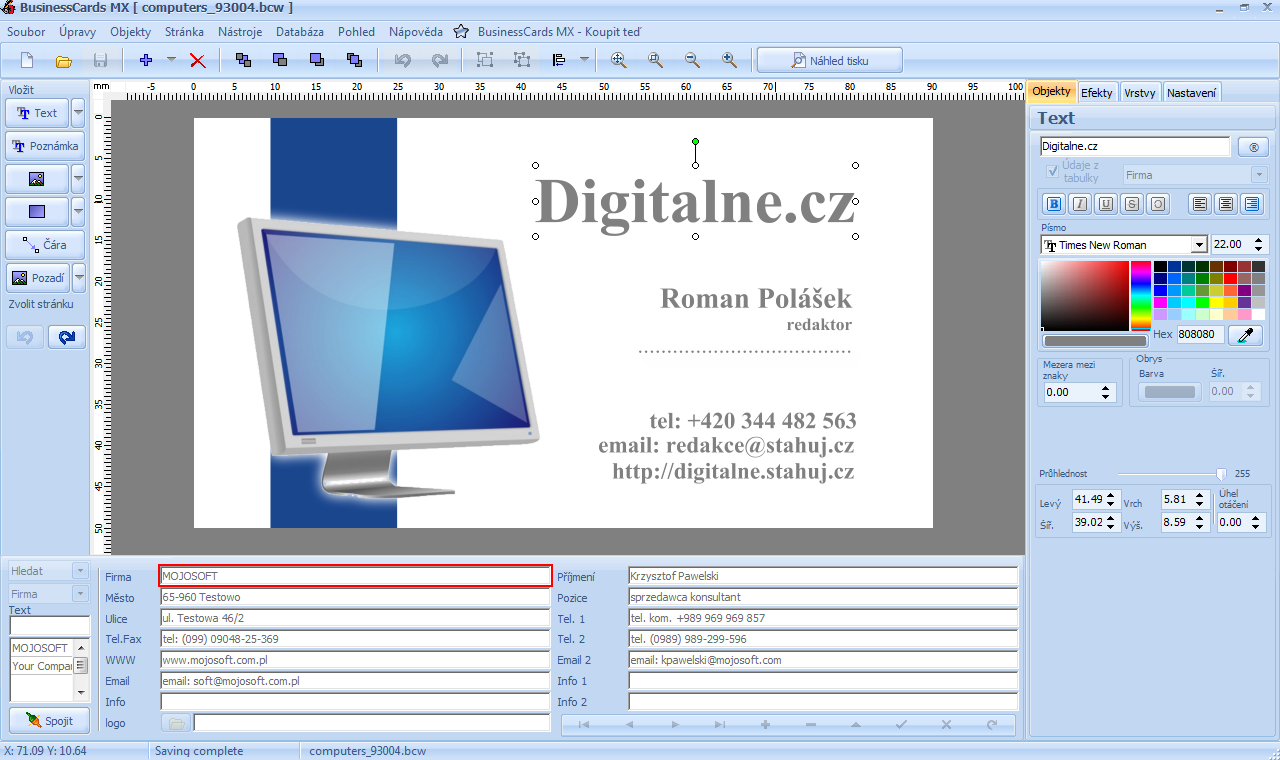 <p>BusinessCards MX - ukázka vytvořené vizitky</p>
