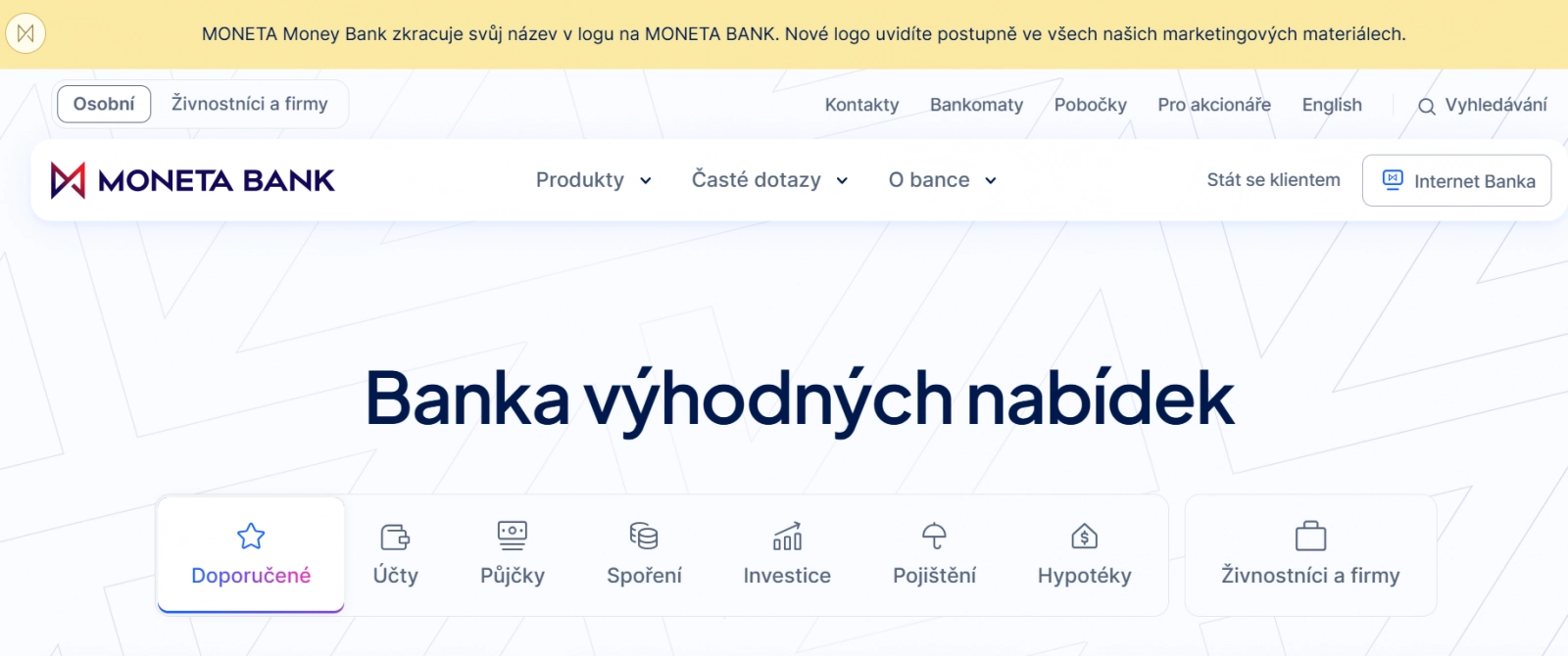 Informace o změně názvu v logu na webových stránkách banky.