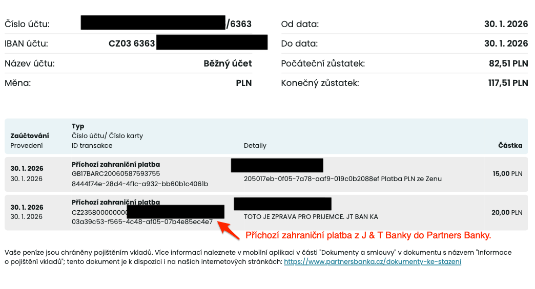 Příchozí zahraniční platba v PLN z J & T Banky do Partners Banky. (30. 01. 2026)