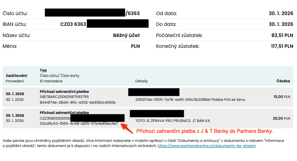 Příchozí zahraniční platba v PLN z J & T Banky do Partners Banky. (30. 01. 2026)