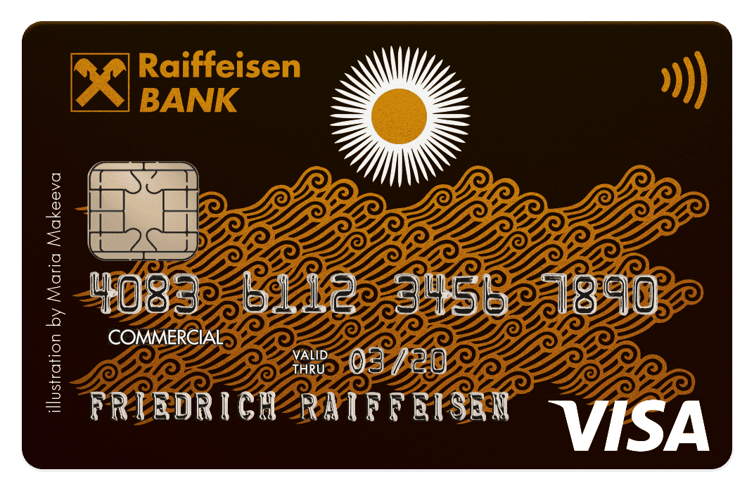 Za ukázku určitě stojí také poslední edice debetních karet Raiffeisenbank s ilustracemi od Marii Makeevy z roku 2017. Vybrali jsme dvě karty pro podnikatele.