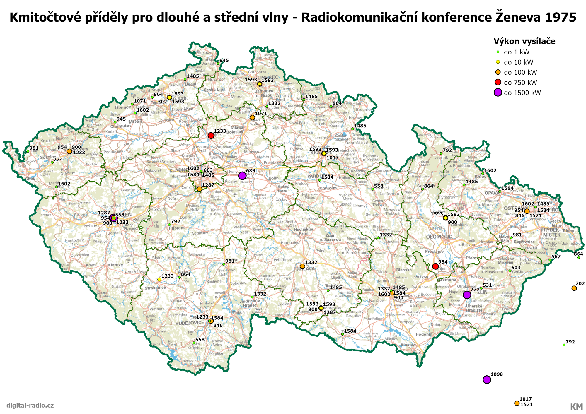 Příděly kmitočtů pro středovlnné vysílání z Regionální radiokomunikační konference v Ženevě roku 1975.