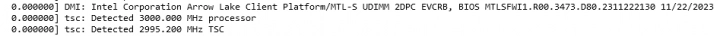 Vzorek procesoru Intel Arrow Lake-S v protokolu bootování Linuxu