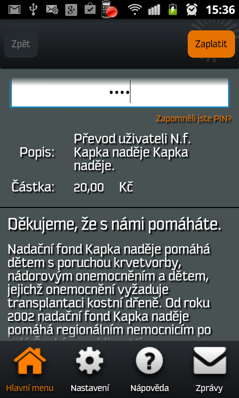 Odeslání peněz nadaci