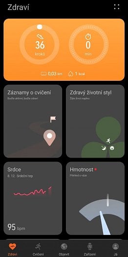 Hlavní menu v mobilní aplikaci Huawei zdraví