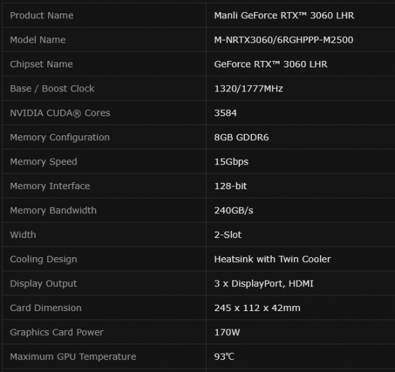 Specifikace GeForce RTX 3060 8GB od Manli