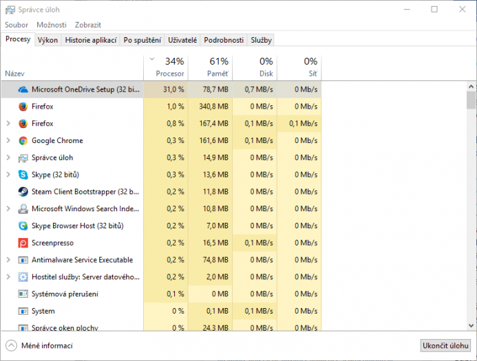 OneDrive na pozadí velmi silně vytěžoval procesor