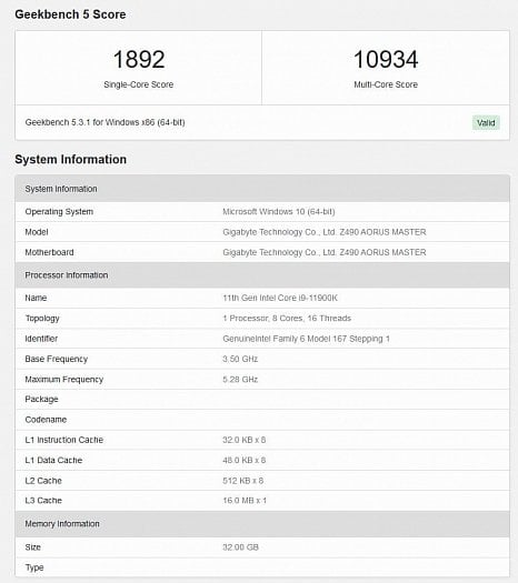 Intel Core i9 11900K v databázi Geekbench