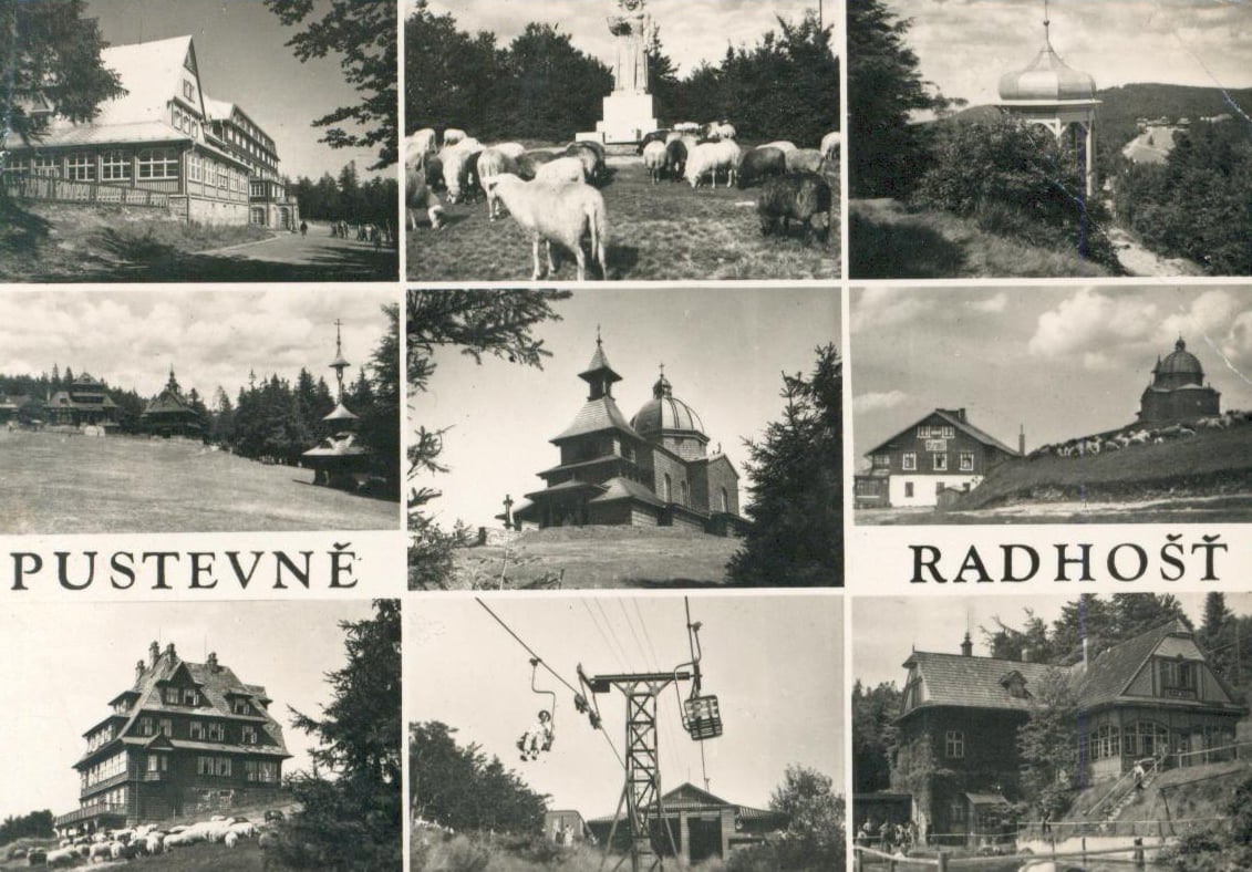Dobová pohlednice zachycující i lanovku na Pustevny