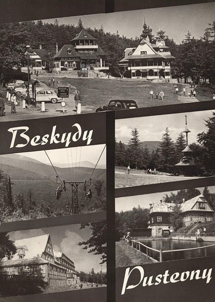 Dobová pohlednice zachycující i lanovku na Pustevny
