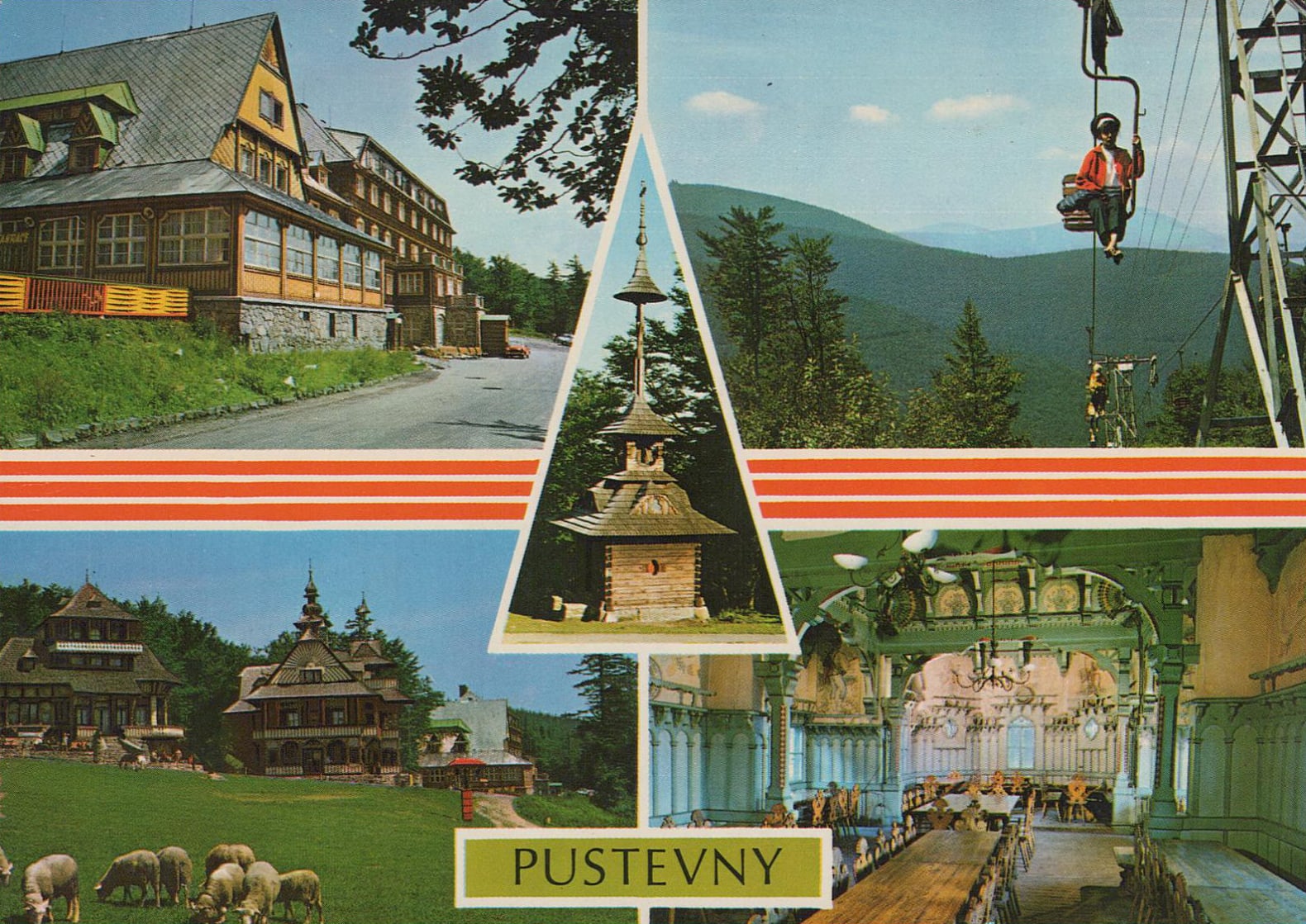 Dobová pohlednice zachycující i lanovku na Pustevny