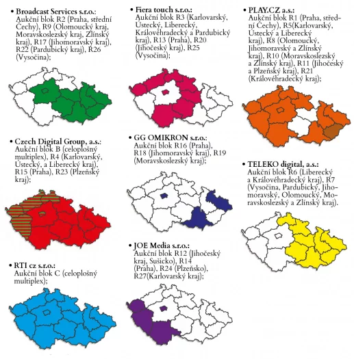 Celoplošné a regionální digitální rozhlasové sítě přidělené v kmitočtové aukci