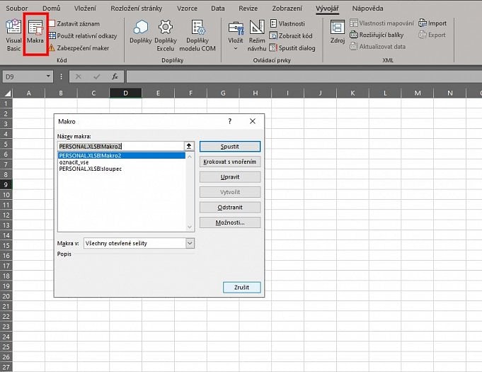 Jak zobrazit vytvořená makra v Excelu