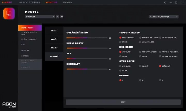 Software G-menu: nastavení uživatelského profilu