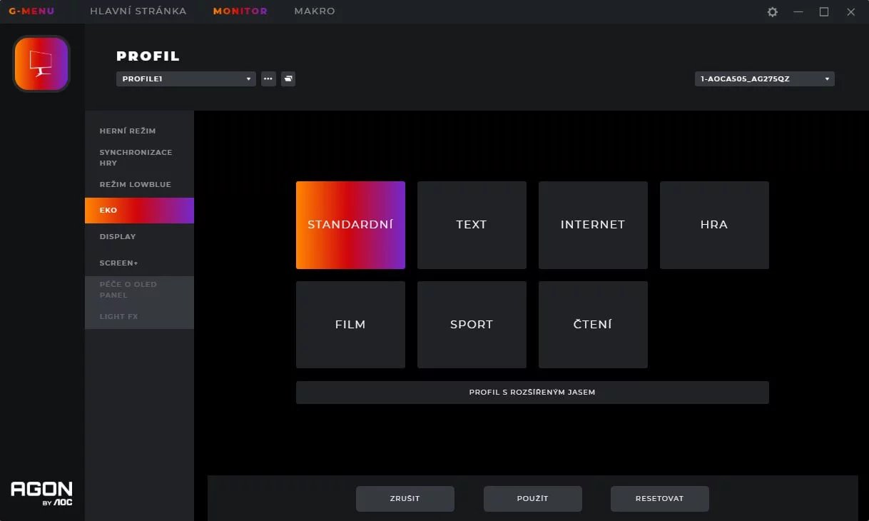 Software G-menu: nastavení EKO režimu