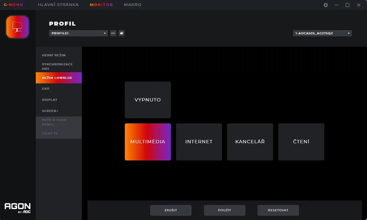 Software G-menu: nastavení režimu Low Blue Light