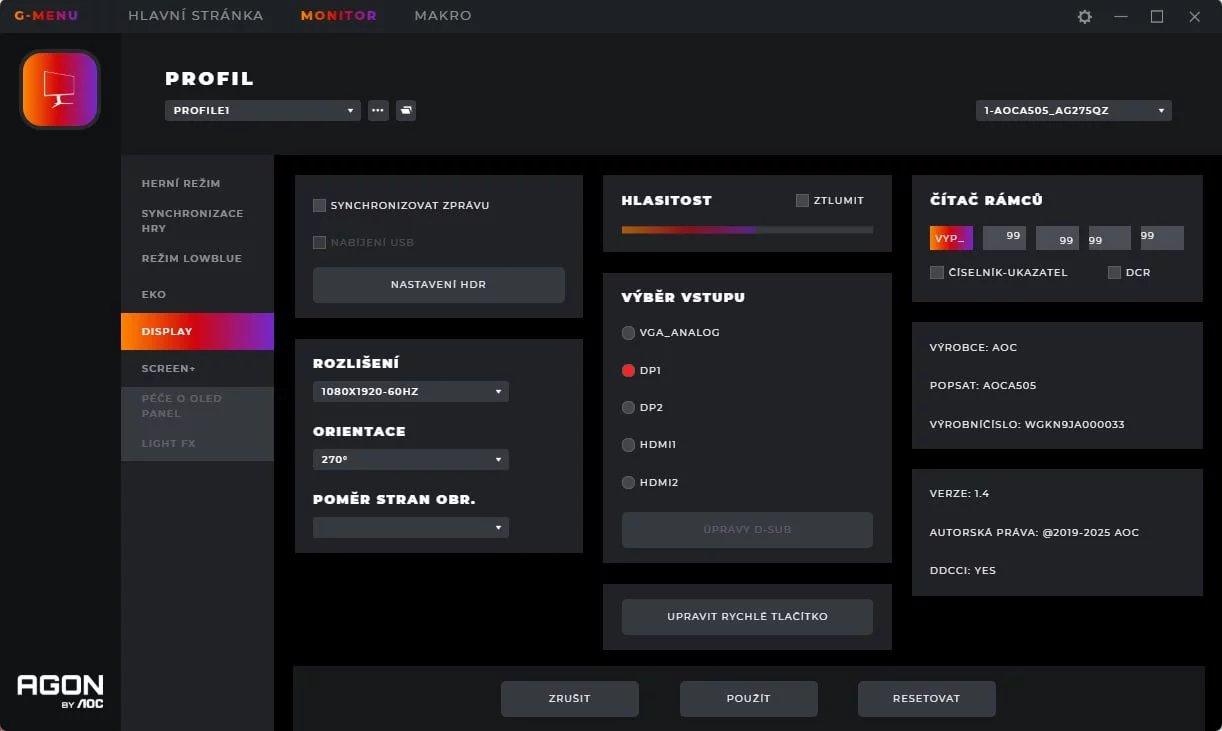 Software G-menu: nastavení displeje