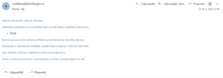 Identita občana - notifikace při odemčení