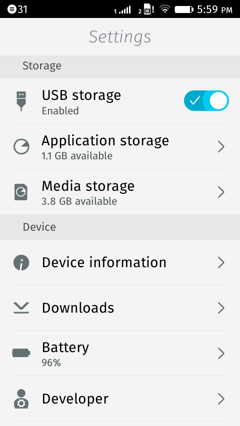 Nastavení a přehled Storage tak, jak je vidět přímo v hlavním menu Settings.