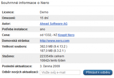 <p>V souhrnných informacích nalezente například údaje o výrobci programu</p>