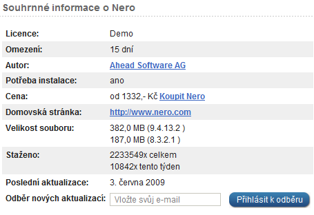 <p>V souhrnných informacích nalezente například údaje o výrobci programu</p>