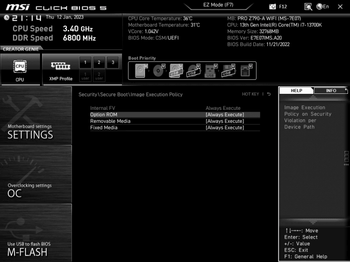 Chybné nastavené Image Execution Policy. Pokud má být Secure Boot funkční musí tři poslední volby být nastavené na Deny Execute