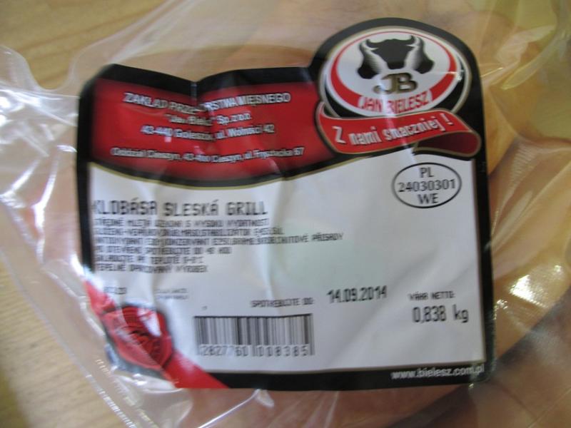 Klobása sleská grill -  byla zjištěna přítomnost alergenu - sóji, který nebyl uveden ve složení na obale výrobku. Výrobek může způsobit zdravotní komplikace lidem alergickým na sóju. Země výroby: Polsko. Místo kontroly: Jan Bielesz, Třinec
