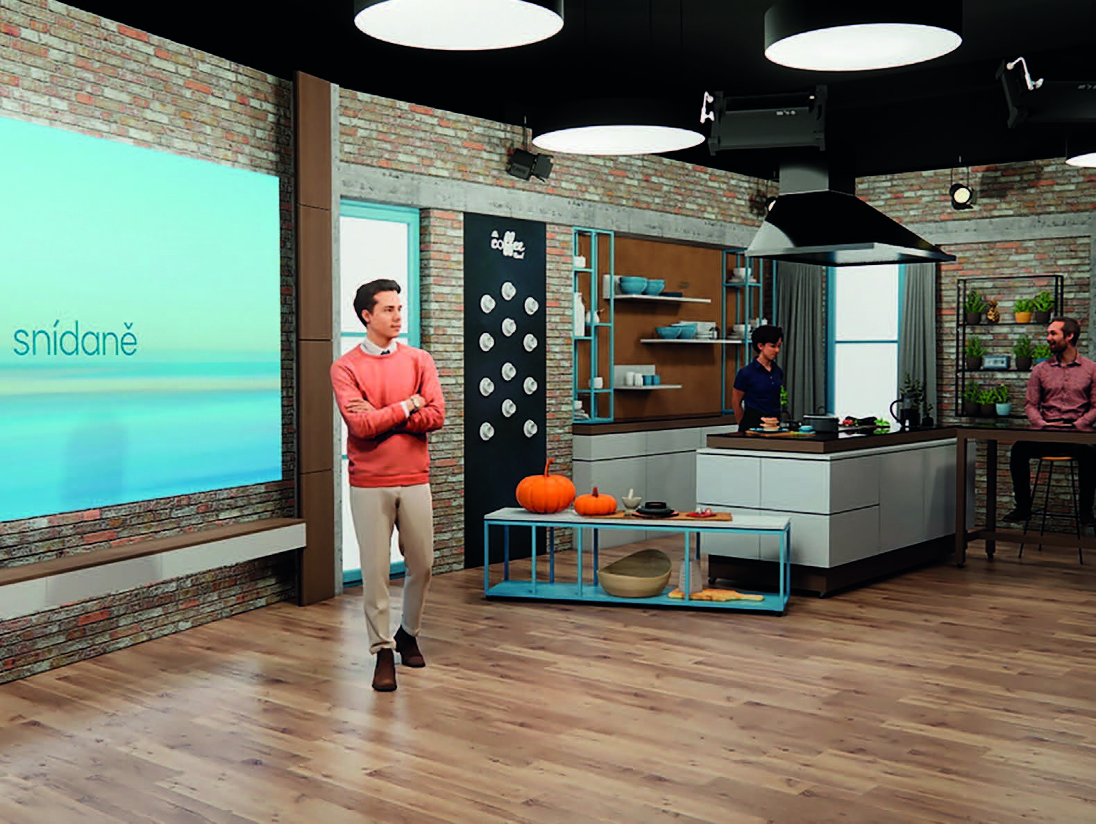 Vizualizace nového studia Snídaně. Přes léto se buduje na místě původního studia, proto se ranní vysílání odehrává na terase nad zpravodajským centrem.