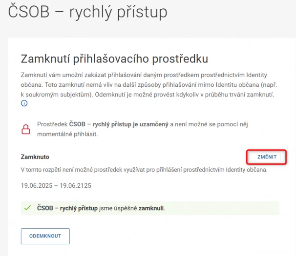 Identita občana - změna parametrů zamčení
