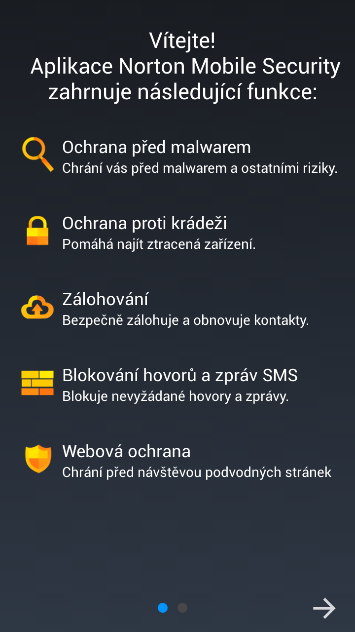 Na úvod vám aplikace představí své funkce a nabídne přihlášení
