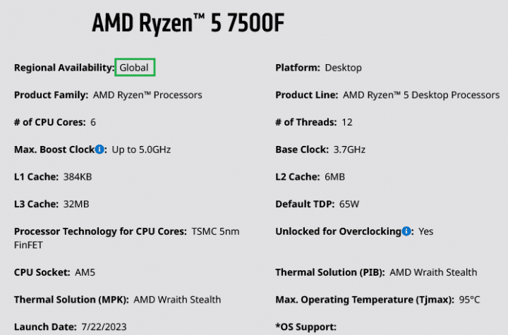 Oficiální specifikace procesoru AMD Ryzen 5 7500F