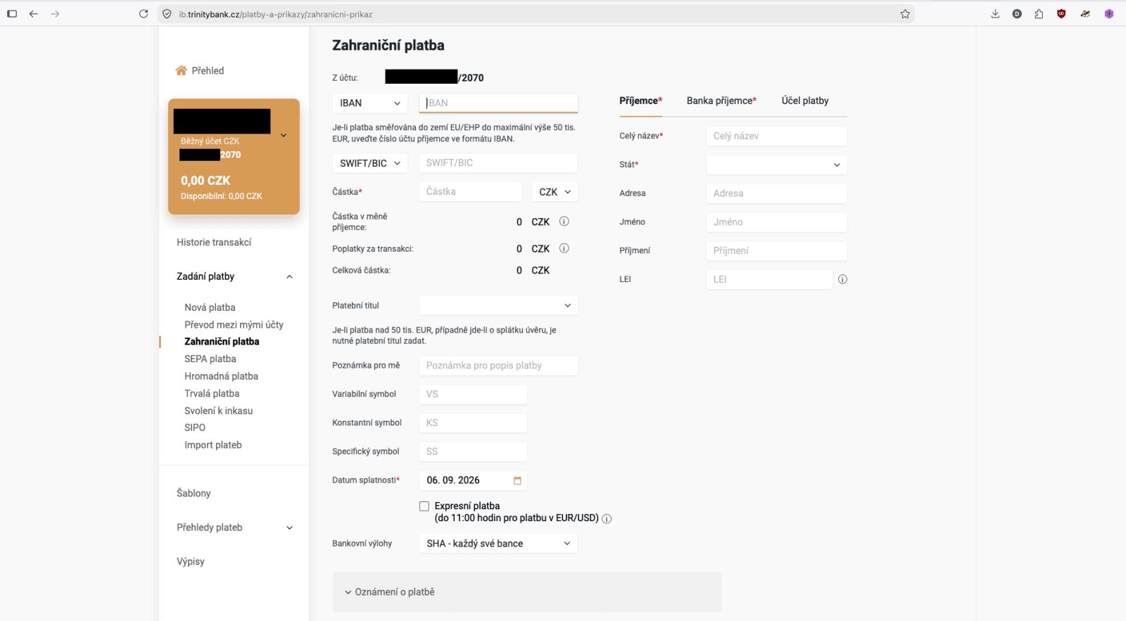 Původní internetové bankovnictví TRINITY BANK. (31. 08. 2026)