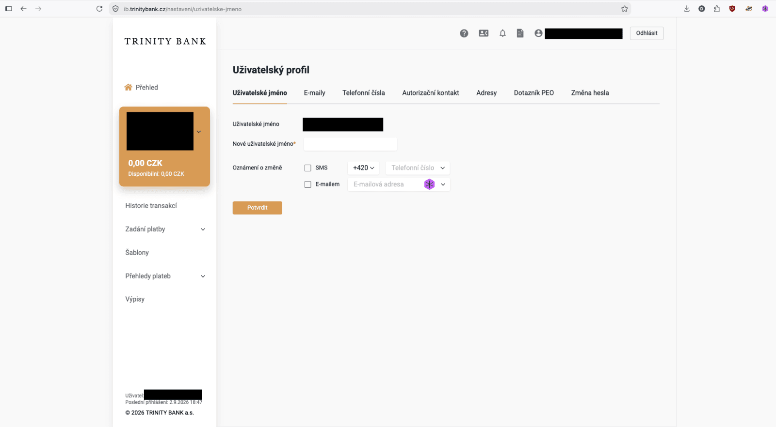 Původní internetové bankovnictví TRINITY BANK. (31. 08. 2026)