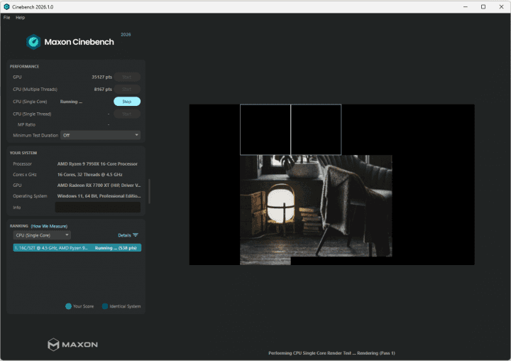 Autor: Jan Olšan Cinebench 2026: Běžící test jednoho jádra na procesoru Ryzen 9 7950X