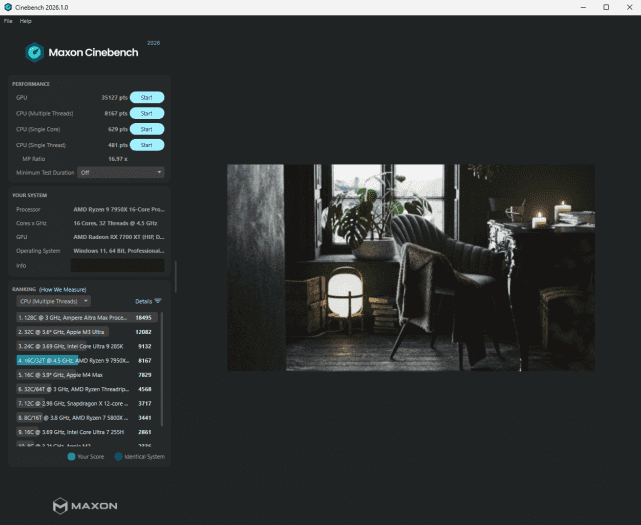 Autor: Jan Olšan Cinebench 2026: Dokončený test, výsledky procesoru Ryzen 9 7950X s pamětí DDR5-6000