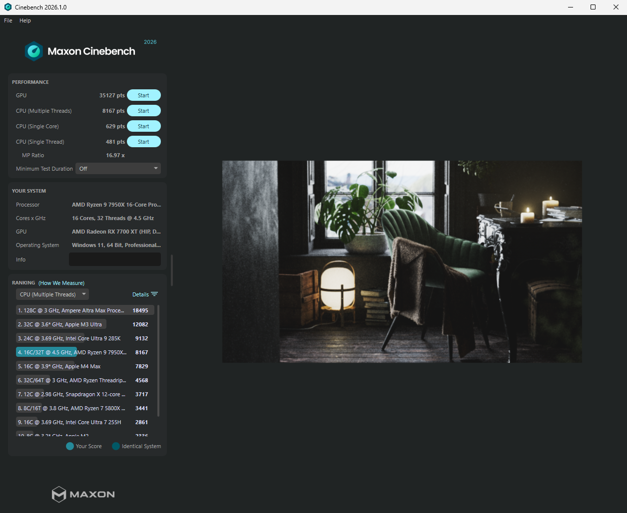 Cinebench 2026: Dokončený test, výsledky procesoru Ryzen 9 7950X s pamětí DDR5-6000
