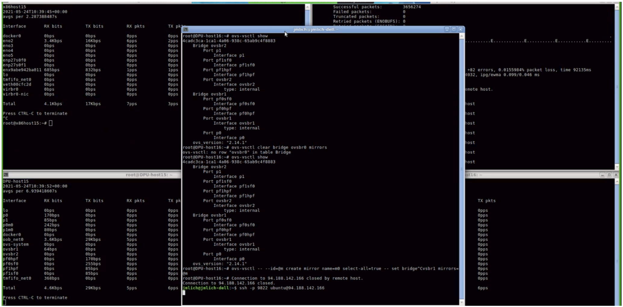 Měření přenesených dat v jednotlivých bodech sítě a právě testované nastavení Open vSwitch