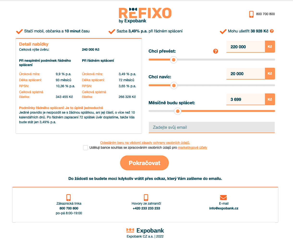 Expobank. Online kalkulačka pro refinancování.