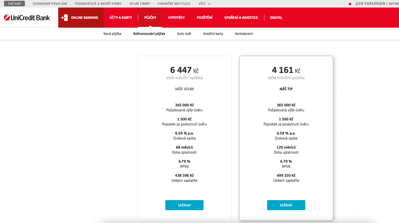 UniCredit Bank. Online kalkulačka pro refinancování.